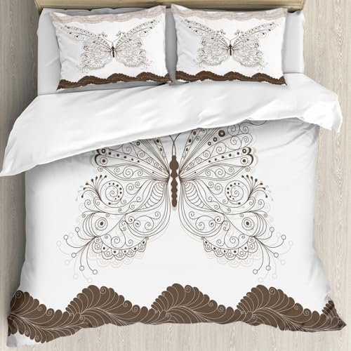 MJNLYDAO Sleeptime 100% Baumwolle Bettwäsche - Bettbezüge mit Reißverschluss - Set mit 2 Kissenbezüge,Nahtloses Blumenmuster mit großem braunen Vintage-Schmetterling und Blumen,228x264 cm