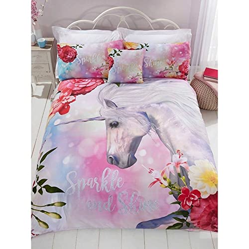 Sparkle und Glanz Einhorn Bettbezug und 2 Kissenbezüge Bett-Set, Polyester-, Mehrfarbig, doppelt Sparkle und Glanz Einhorn Bettbezug und 2 Kissenbezüge Bett-Set, Polyester-, Mehrfarbig, doppelt