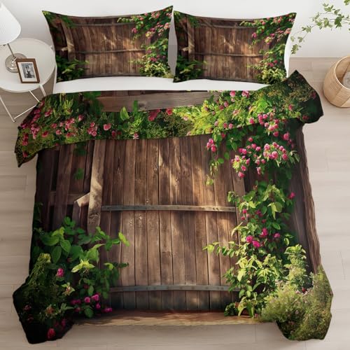 Quixora Bettwäsche Set Garten Innenhof Landhaus Holztür Bettwäsche 180 x 200 cm Weiche Bügelfrei Allergiker Langlebig 3 Teilig Bettbezug Set mit Reißverschluss für Doppelbett Kinder Teenager