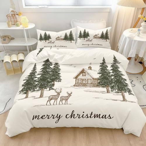 Doppelseitig bedruckter Daunen Bettbezug 3 teilig 200 x 200 cm - Dekorationen Weihnachtselemente Holzhaus Hirsch Bettwäsche für Schlafzimmer Dekorieren, Bunt Weich Bügelfrei Bettwäsche-Sets Mikrofaser