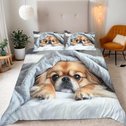 Mops Bettwäsche 155x220 Niedliche Haustiere Bettwäsche-Sets für Kinder Jungen Bettbezug Set 3D Druck Bettbezüge Weiche Mikrofaser mit Reißveschluss und 2 Kissenbezüge B.1368