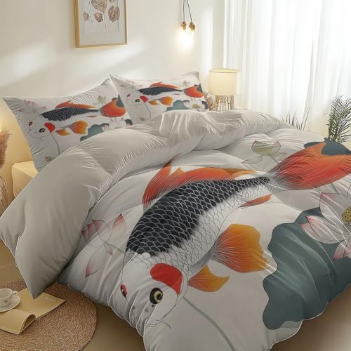 Bettwäsche Set 200 x 200 cm, Atmungsaktiv und komfortabel Orientalisch Tuschemalerei Karpfen Pflanzen Lotus Thema Bettbezug - Bettwäsche aus gebürsteter Mikrofaser für Frauen Paare Teenager Aprikose