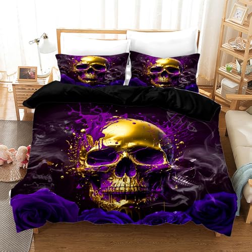 UGZDEA Totenkopf Bettwäsche Set 135x200cm, Gothic Schwarz Skull Motiv Print Bettwäsche Set, Halloween Microfaser Bettwäsche Set Mit Reißverschluss (Totenkopf-2, 135x200cm)