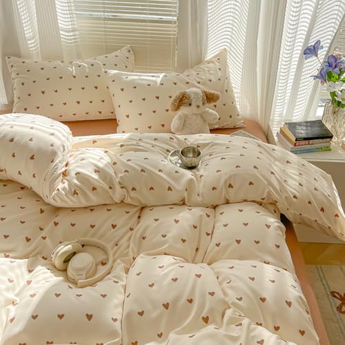 Covebett Bettwäsche Herz 135x200 Beige Braun Herzen Muster Aesthetic Niedlich Bettbezug Set Romantisch Herzchen Herzmuster Microfaser Einzelbett Bettbezug und Kissenbezug 80x80 cm Reißverschluss