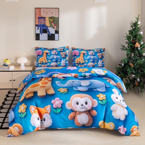 YUTNSAN Bettwäsche 135x200cm Kinder 5D Cartoon Zoo Muster Bettbezug AFFE Elefant Giraffe Blumen Wendebettwäsche Set Blau Weich Mikrofaser für Mädchen Jungen mit Kissenbezug 40x80cm