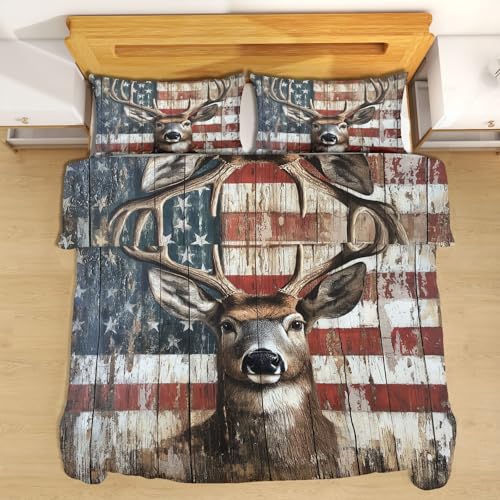 Geweih Bettwäsche 2 Teilig Einzelbett, Rustikale Wildtier Bettbezug Bügelfrei, Bauernhaus Vintage Flagge Mikrofaser Bettwäsche 135x200 Weich Cozy Reißverschluss 1 Kissenbezug 80x80
