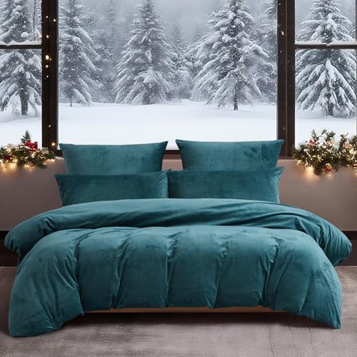 YASMENG Winter Bettwäsche 135x200 Petrol Uni Warm Kuschelig Flauschige Bettwäsche Winter Weich Warme Samt Plüsch Fleece Flanell Bettbezug Set 2 Teilig mit Reißverschluss und 80x80 cm Kissenbezug