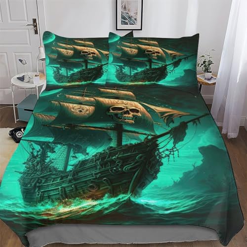 AASWDDS Totenkopf Pirat Ship Bettwäsche - Bettbezug Sheets Mit Kissenbezug, Mikrofaser Bettbezüge Set 3teilig Atmungsaktiv Erwachsene Kinder Double (200x200cm)