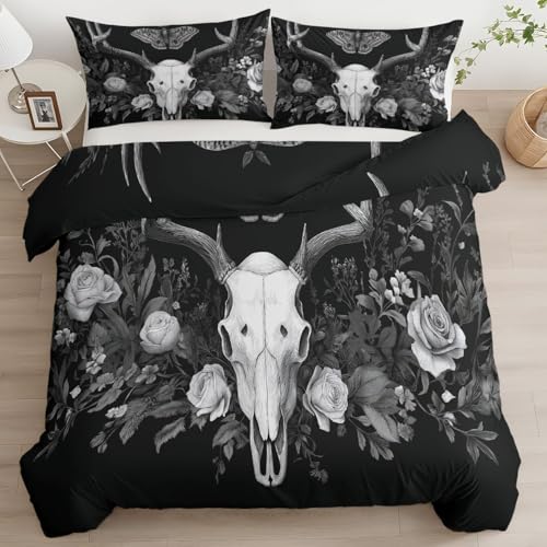 XCQHZYQ Schwarz Bettwäsche 155x220 cm Gothic Totenkopf Rosen, Bettbezug 3teilig Weiche Allergiker Microfaser Bettwäsche-Sets, Deckenbezug mit Reißverschluss und 2 Kissenbezüge 80x80cm