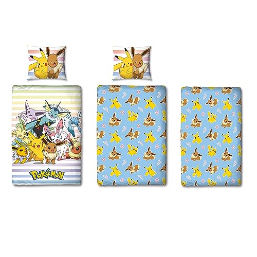 Pokémon Bettwäsche Set 3-teilig 135x200 80x80 cm mit Spannbettlaken 90x200 cm - Kinderbettwäsche mit Pikachu aus 100% Baumwolle - Mit Wendemotiv und Reißverschluss - Öko-Tex, Maschinenwaschbar