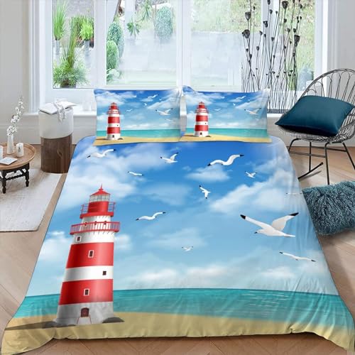 MEVASA Leuchtturm Bettwäsche 220x240 3D Motiv Flauschige Bettbezug Meeresthema Qualität Luxus Atmungsaktiv Allergiker Mikrofaser Betten Set 3 Teilig mit Reißverschluss