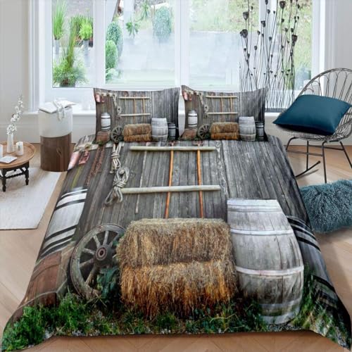 Bettwäsche 200x220 Ländliches Bauernhaus Bettwäsche-Sets Landhausstil Bettbezug Kuschelig Weich Mikrofaser 3D Druck Bettbezüge mit Reißverschluss + 2 Kissenbezüge 80x80 cm A-1987