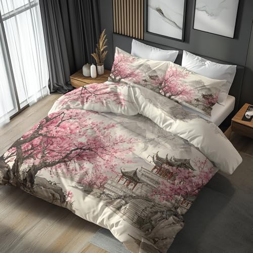 Generisch Bettwäsche Kirschblüten 135x200, Orientalisch Asiatisch Japanische Motiv Wendebettwäsche & Deko, Weiche Microfaser Bettbezug mit Reißverschluss und 1 Kissenbezug 80x80, 2tlg - ASD15750
