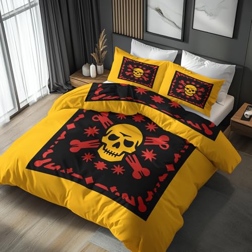 Generisch Bettwäsche 140x200 Piraten Totenkopf Design, 2teilig - Gothic Bandana Bettbezug und 1 Kissenbezug 70x90, Wendebettwäsche, Schlafzimmer Deko, Mikrofaser, mit Reißverschluss SD-1455