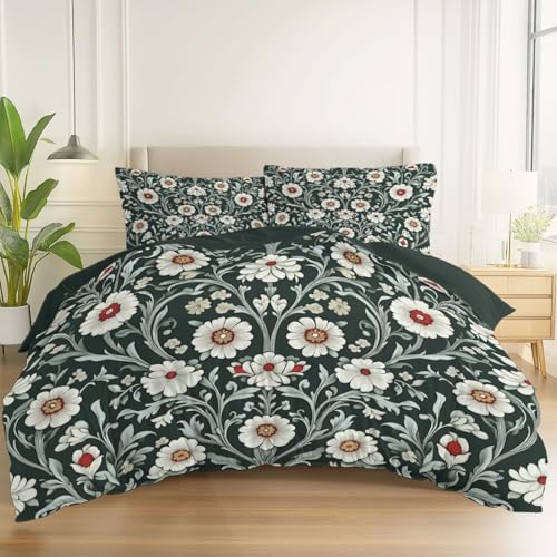 Bettwäsche Set William Morris Elegant Blumen Pflanzen Thema, Reversibel Einfache Pflege Bettbezug mit 2 Kissenbezug 80 x 80 cm, 135 x 200 cm Weiche Gebürstete Mikrofaser Bettbezug, Dunkelgrün