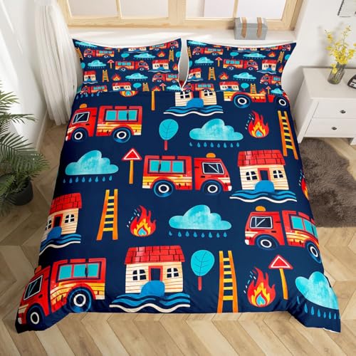 Homemissing Feuerwehr Bettbezug Set Jungen Mädchen Feuerwehr Bettwäsche Set 135x200cm atmungsaktive weiche Auto Bettwäsche-Set 2Stück Schlafzimmer Dekor