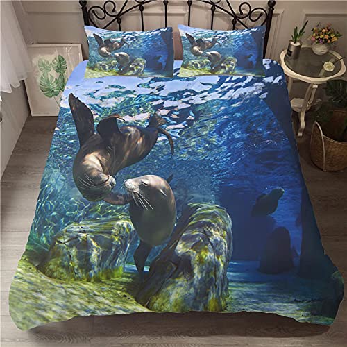Meimall Bettwäsche Blau Ozean Tiere Robben 135X200 cm 3D-Digitaldruck Bettwäsche,Bettbezug, Zweiteilige Mikrofaser, Bettbezug Mit Reißverschluss Und Kissenbezug