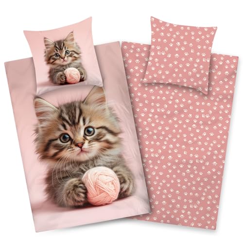 Aminata kids Bettwäsche 135x200 Baumwolle Kinder Katze Mädchen - Wende-Bettwäsche mit Katzen-Motiv - YKK-Reißverschluss, Rosa, Katzenbaby