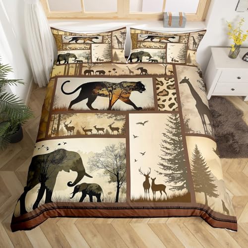 Homemissing Afrikanische Safari Tiere Bettwäsche Set 155x220cm Wilde Elefanten Giraffe Leopard Bettwäsche-Set Rustikale Landhütte Bettbezug mit 1 Kissenbezug Tropische Tierwelt mit Reißverschluss