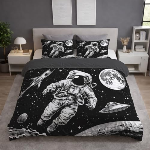 Bettwäsche 220 x 240 cm - Bettbezug Angenehm Leicht Atmungsaktiv - Modedrucke Mikrofaser 3teilig Set mit Kissenbezüge 80x80 cm Cool Weltraum Astronaut mit Reißverschluss schwarz