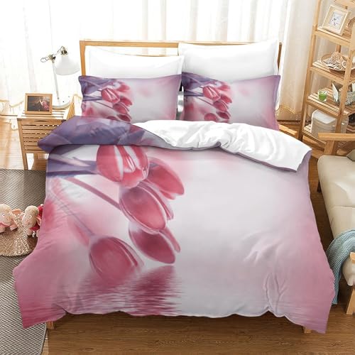 CCIZFMQ 3D Druck Rote Tulpen Bettbezug Bettwäsche Set Pink Hintergrund Mit Verstecktem Reißverschluss, Für Kinder, Teens, Schlafzimmer Dekor King?220x240cm?