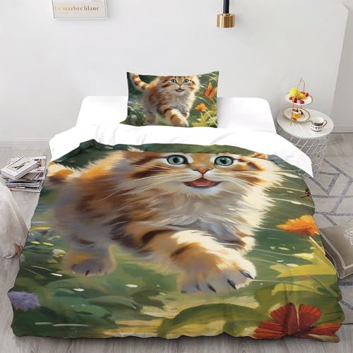 AutumnWinds Katze Bettwäsche Single?135x200cm? Set 2 Teilig,Animal Printed Mikrofaser Bettbezug Und Kissenbezüge Mit Reißverschluss