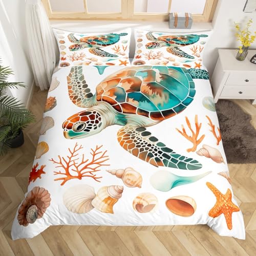 Homewish Bettbezug, 140 x 200 cm, Wasserfarben, Seestern-Bettwäsche für Jungen und Mädchen, Bettwäsche-Set, weiß, türkis, Tagesdecke, Tiere, Reptilien