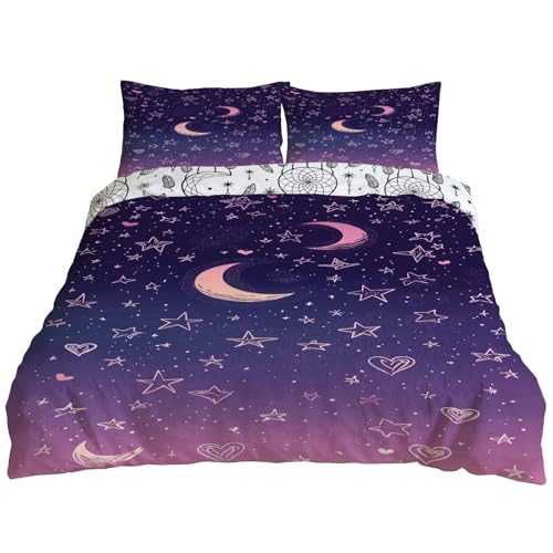 YZQGLHP Bettwäsche 200x200 Violette Stern-Mond Bettbezug Set für Kinder Jungen Mädchen Weich Atmungsaktiv Microfaser Betten Set mit Reißverschluss und 2 Kissenbezug 80x80 cm