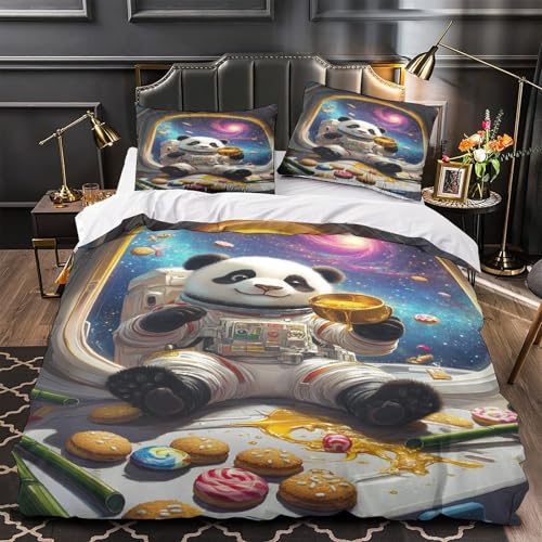 MSVMPGTHB Panda im Weltraum 3D Bedruckt Bettdeckenbezug 3teilig Mikrofaser Abriebfest Spaß mit einem Cartoon-Astronauten Bettbezug 2 Kissenbezüge hautfreundlich Kinderzimmer Deko Single?140x200cm?