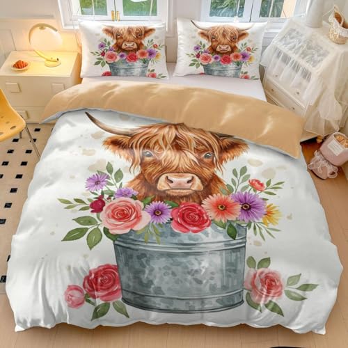 Highland Cow Bettbezug-Set, Retro-Blumenmuster, Bauernhaus-Bettwäsche-Se t, brauner Kuhdruck, weiche Mikrofaser, rustikaler Landhausstil, Bettwäsche für Schlafzimmer (03, Einzelbett 135 x 200 cm + 65 x