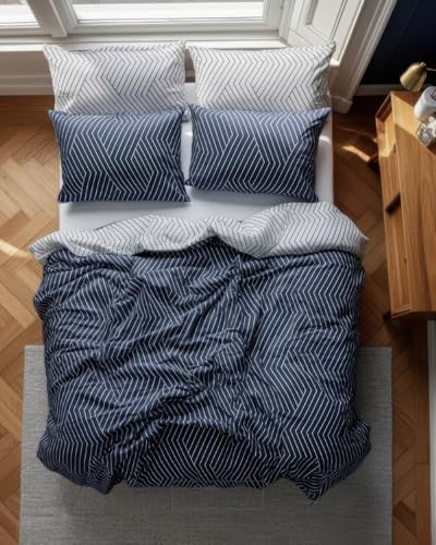 LERUUM Bettwäsche Set 155x220 Winter Baumwolle Teenager Jungen Blau-Weiß Gestreift Geometrisch Bettbezug mit 1 Kopfkissenbezug 80x80cm