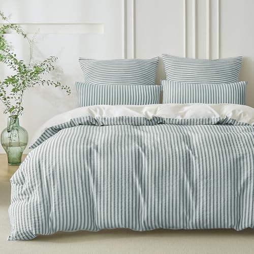 SOULFUL Bettwäsche 135x200 Baumwolle Gestreift, Jacquard Gewaschene Baumwolle Boho Bettwäsche-Sets Atmungsaktiv Öko-Tex 100 Zertifizier, Dunkelgrün