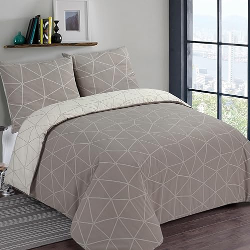 Vision - Wende-Bettwäsche – Hugo Beige – Bettbezug 260 x 240 cm mit 2 passenden Kissenbezügen 65 x 65 cm – 100% Baumwolle