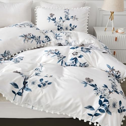 Freyamy Bettwäsche 135x200cm 2teilig Weiß Blau Blumen Pompons Mädchen Bettwaren-Sets Microfaser Weiche Romantisch Bettbezug mit Reißverschluss und Kissenbezug 80x80cm
