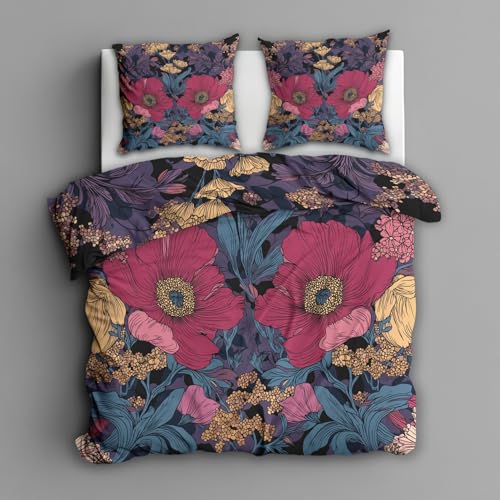 Generisch Vintage Blumen Bettwäsche 135x200 2tlg, 1 Kissenbezüge 80x80 - William Morris Floral Design Wendebettwäsche, Weiche Mikrofaser Bettbezug mit Reißverschluss, Deko & Geschenke - E58
