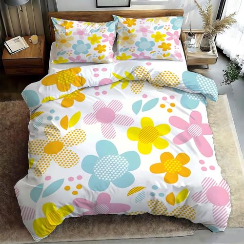 Ypthriline Bettwäsche 135x200 Bunte Blumen Bettbezug 3D Niedliche Punkte Bettbezug Mikrofaser 3teilig - 1 Warmes Weiche Bettwäsche 135x200 cm + 2 mit Reißverschluss Kissenbezüge 80x80 cm