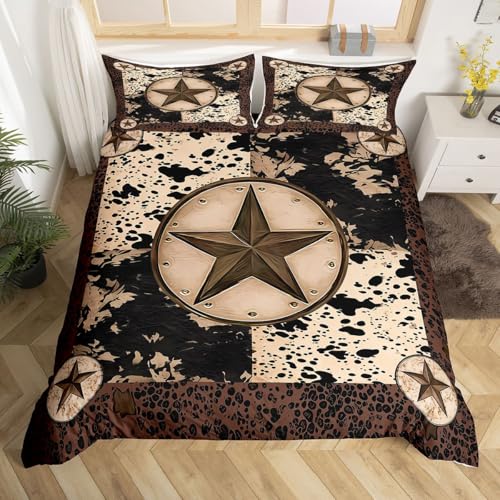 Homewish Rustikale Kuhleder Druck Bettwäsche Westlichen für Erwachsene Teens Frauen Deckenbezug 155x220 Texas Stars Vintage Bettbezug Jugendliche Patchwork Leopard Tier Bettset 2 Teilig Mikrofaser