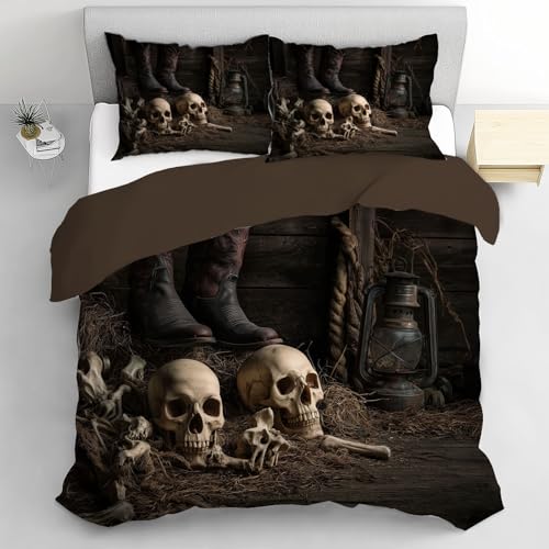 TDNEKMCA Bettwäsche 135x200cm Schädel Landhausstil, Braun Bettbezug mit Kissenbezug 80x80 cm Weiche und Angenehme Mikrofaser 2 Teilig Bettwäsche mit Reißverschluss für Einzelbett