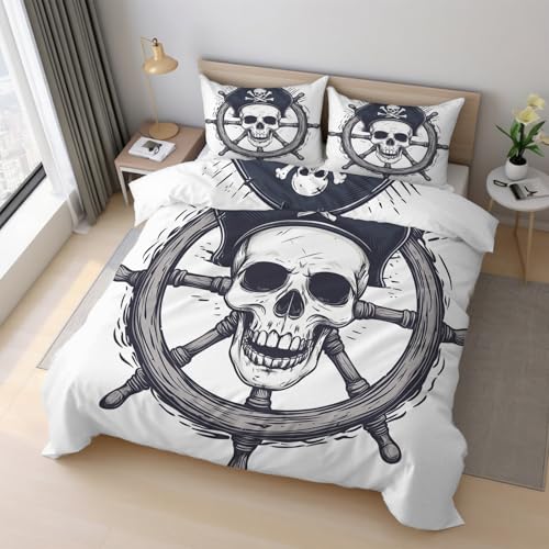 Generisch Pirat Totenkopf Bettwäsche 200x200cm, Schädel Nautisch Küste Bettwäsche-Sets 3 Teilig, Bettbezug + 2 Kissenbezüge 80x80cm Weich Mikrofaser mit Reißverschluss 21D&-22