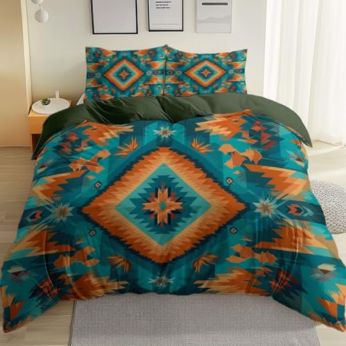 Bettbezüge 200 x 220 cm Bettbezug Set Türkis gebürsteter Mikrofaser mit Reißverschluss Bedruckte Bettbezüge, Traditionelle Kunst Der Amerikanischen Ureinwohner Muster Pflegeleichte Bettwäsche