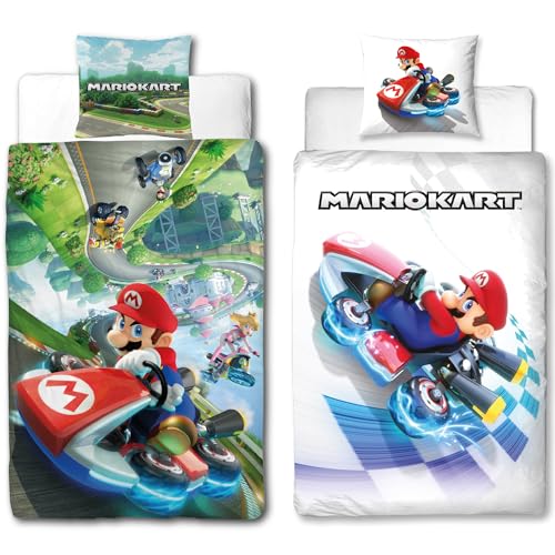 BERONAGE Super Mario Kart Kinderbettwäsche Combo - 135 x 200 cm + 80 x 80 cm – 100% Baumwolle Renforcé-Linon – Bettwäsche mit Motiven von Mario, Bowser & Co. - Rennen - Reißverschluss, deutsche Größe