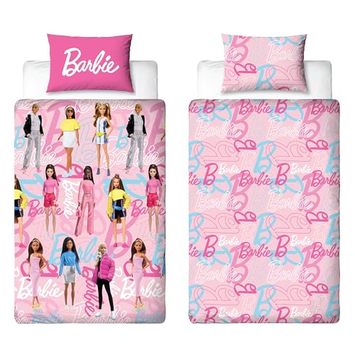 Barbie Offizielles Kinder-Bettwäsche-Set für Einzelbett, unverpacktes Design, wendbar, 2-seitige Puppen-Bettwäsche, inklusive passendem Kissenbezug, Marken, Polyester, Einzelbettbezug, Rosa