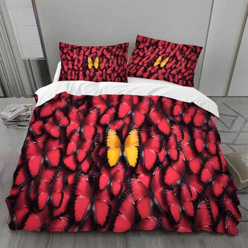 Gelber Schmetterling Bettwäsche 200x200cm Roter Schmetterling Warm Weiche Bettwäsche Set Microfaser Bettbezug 200x200 und 2 Kissenbezüge 80x80cm mit Reißverschluss für Kinder m.1101
