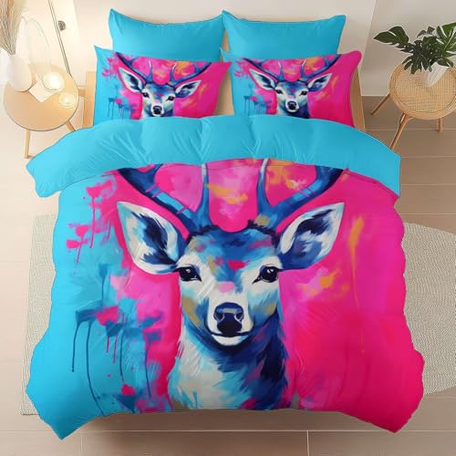 3 Teilig Bettwäsche 200 x 200 cm, Minimalistisch Tier Hirsch Muster Mikrofaser Bettwäsche für Kinder, Blau Weicher Atmungsaktiver Bettbezug Mit Reißverschluss
