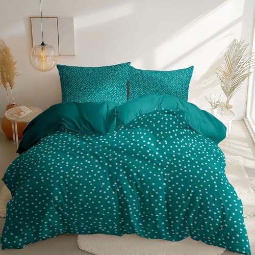 Generisch Bedding Bettwäsche Set 135 x 200 cm 3 teilig mit Spannbetttuch - Minimalistisch Türkis Kleine Punkte mit ReißverschlussGrün Hohe Qualität Mikrofaser Deckenbezug und Kissenbezüge 80 x 80 cm