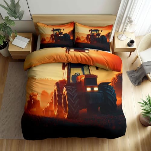 Landsonnenuntergang Traktor Bettwäsche 135 x 200 cm für Kinder Teenager Erwachsene Bettbezug-Set, Moderne Gelbrot Bedruckte Bettwäsche-Set Atmungsaktiv Allergiker Bettbezüge mit Reißverschluss