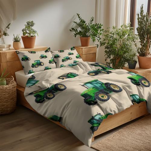 Bettwäsche-Sets 200 x 200 cm Adventure Elements Traktor Bettwäsche Weiche Mikrofaser Allergiker 3 Teilig Bettbezug mit Reißverschluss, Wendebettwäsche für Kind Paar, Creme