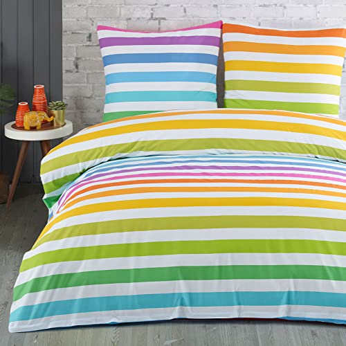 Buymax Bettwäsche 135x200 Baumwolle 2 Teilig Bettgarnitur mit Bettbezug Kissenbezug 80x80 Renforce Streifen Muster Regenbogenfarben Bettwäsche Set, Bunt Regenbogen