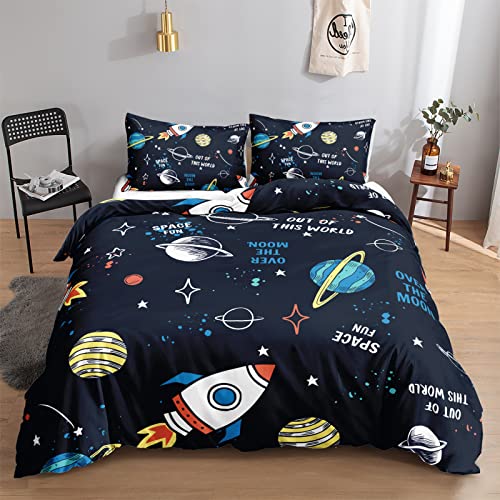 HOSIMA Universum Planet Rakete Bettwäsche 135x200 für Kinder, Jungen Teenager Bettbezug-Set für Einzelbett, Moderne Cartoon Bedruckte Bettbezüge mit Reißverschluss und 80x80cm Kissenbezug