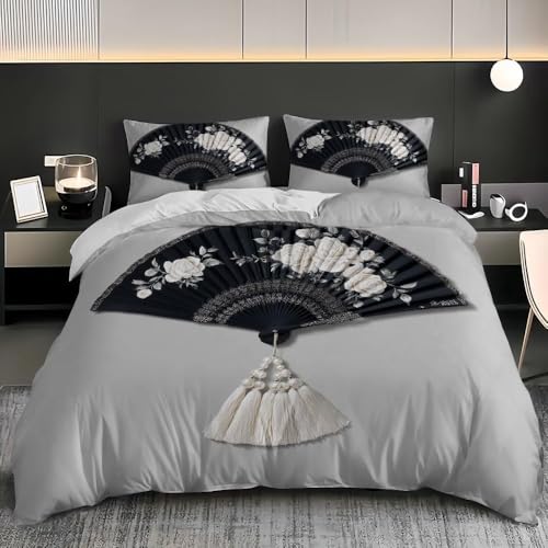 Faltfächer Bettwäsche 200x200 Retro-Orientalischer Stil 3D Bettbezug Weich Mikrofaser Bettwäsche-Sets 3 Teilig mit 2 Kissenbezüge 80x80 für Teenager Erwachsene Doppelbett z.340